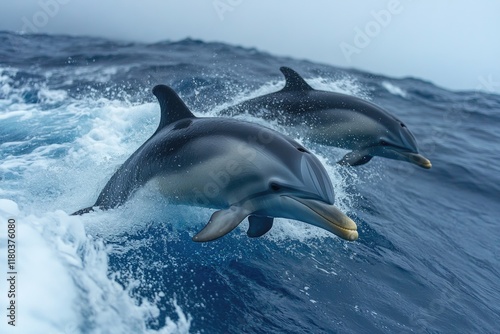 A pair of dolphins gliding through the water, a great stock photo for any theme related to marine life or aquatic activities photo