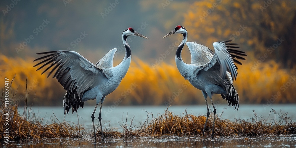 Fototapeta premium Two large birds standing together by the shore, great for outdoors or wildlife scenes
