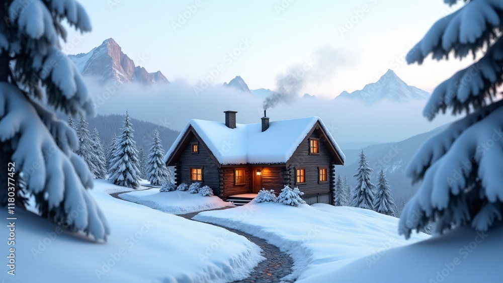 Cozy cabin on a snowy mountain slope. Warm light glows from the windows as smoke rises from the chimney. Snow-covered pines and a winding path complete the serene winter retreat. Cozy cabin on a snowy mountain slope. Warm light glows from the windows as smoke rises from the chimney. Snow-covered pines and a winding path complete the serene winter retreat.