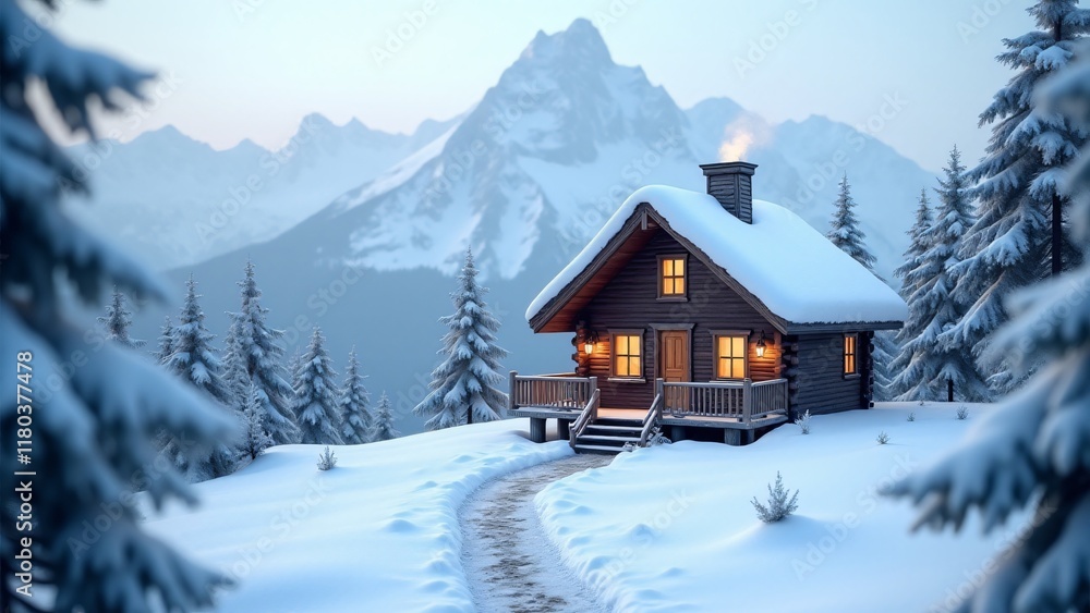 Cozy cabin on a snowy mountain slope. Warm light glows from the windows as smoke rises from the chimney. Snow-covered pines and a winding path complete the serene winter retreat. Cozy cabin on a snowy mountain slope. Warm light glows from the windows as smoke rises from the chimney. Snow-covered pines and a winding path complete the serene winter retreat.
