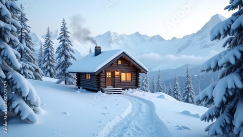 Wallpaper Mural Cozy cabin on a snowy mountain slope. Warm light glows from the windows as smoke rises from the chimney. Snow-covered pines and a winding path complete the serene winter retreat. Torontodigital.ca