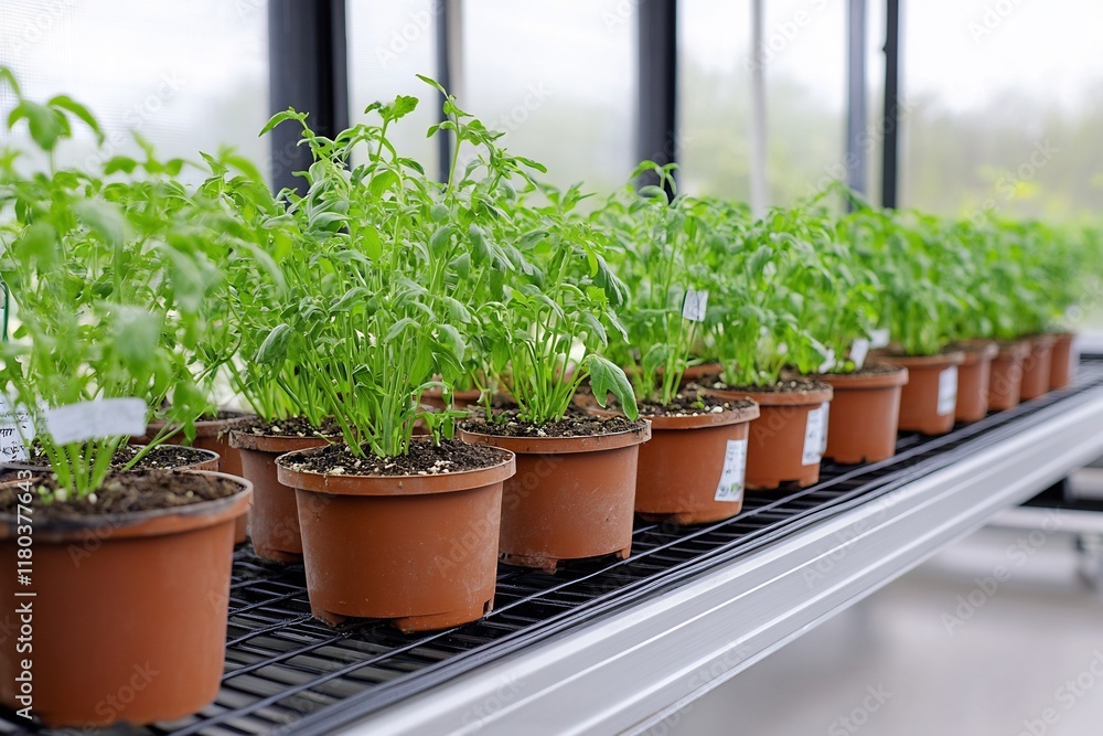 Young basil plants growing in pots inside a greenhouse environment. Young basil plants growing in pots inside a greenhouse environment.