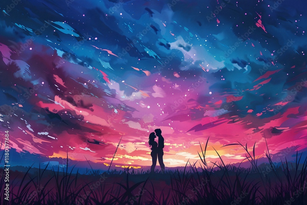 Fototapeta premium Silhouette of a young couple embracing under a breathtaking, vibrant sunset sky filled with stars. A dreamy, romantic scene.
