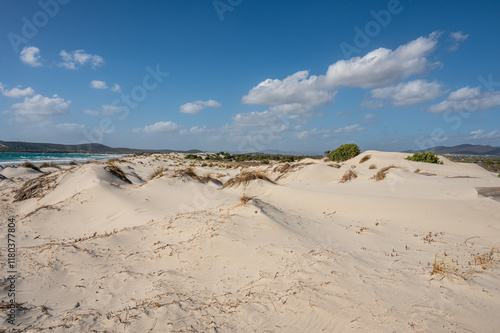 The beautiful beach of Is Solinas in Sardinia with its high white dunes on a windy day