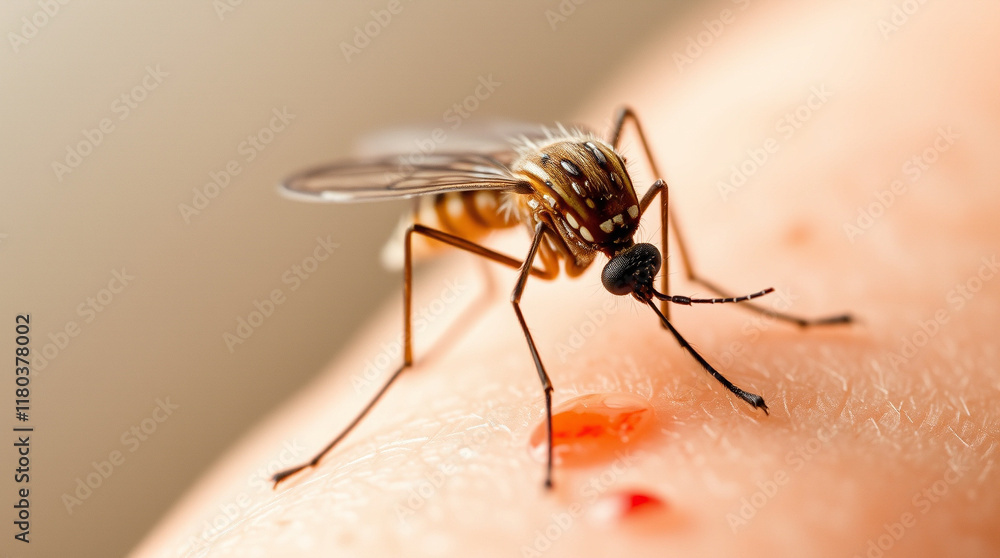 Fototapeta premium Close-up of a mosquito feeding on human skin, showing detail of its legs and proboscis.