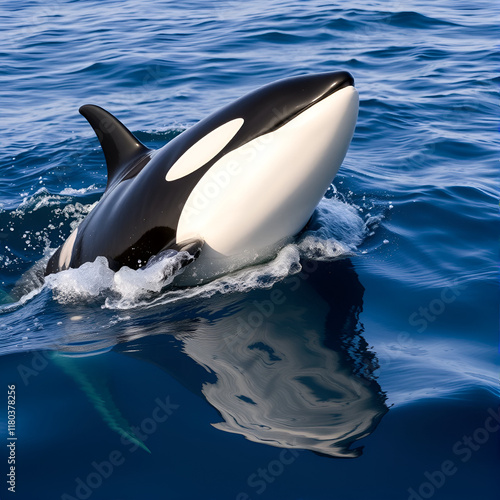 Wild orcas or killer whales in Nemuro strait, Hokkaido, Japan. Orca hunting whales. Unique shot og giant wild orca in natural habitat dive deep into ocean showing fin. South Africa. Wild life mammals. photo