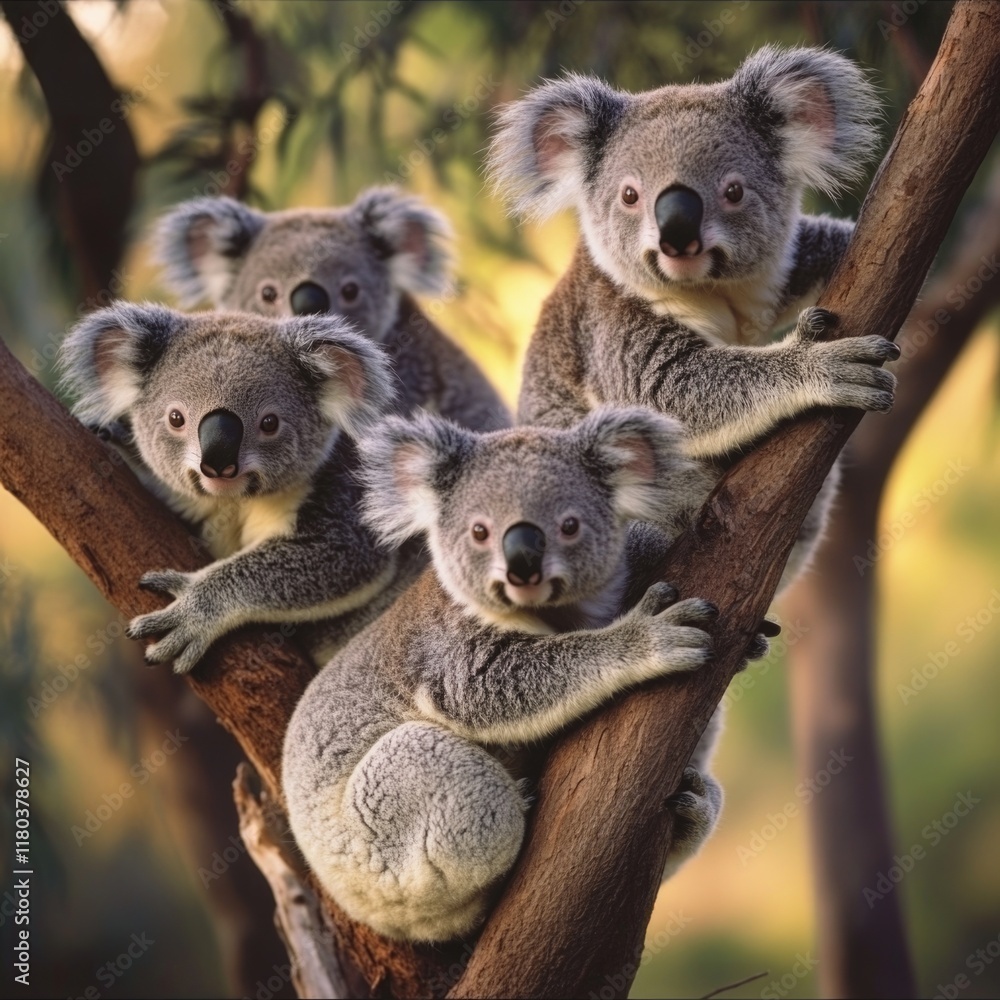 Fototapeta premium A group of koalas resting in a tree, surrounded by leaves and branches