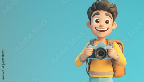 3D cartoon man with a backpack takes a photo with a camera