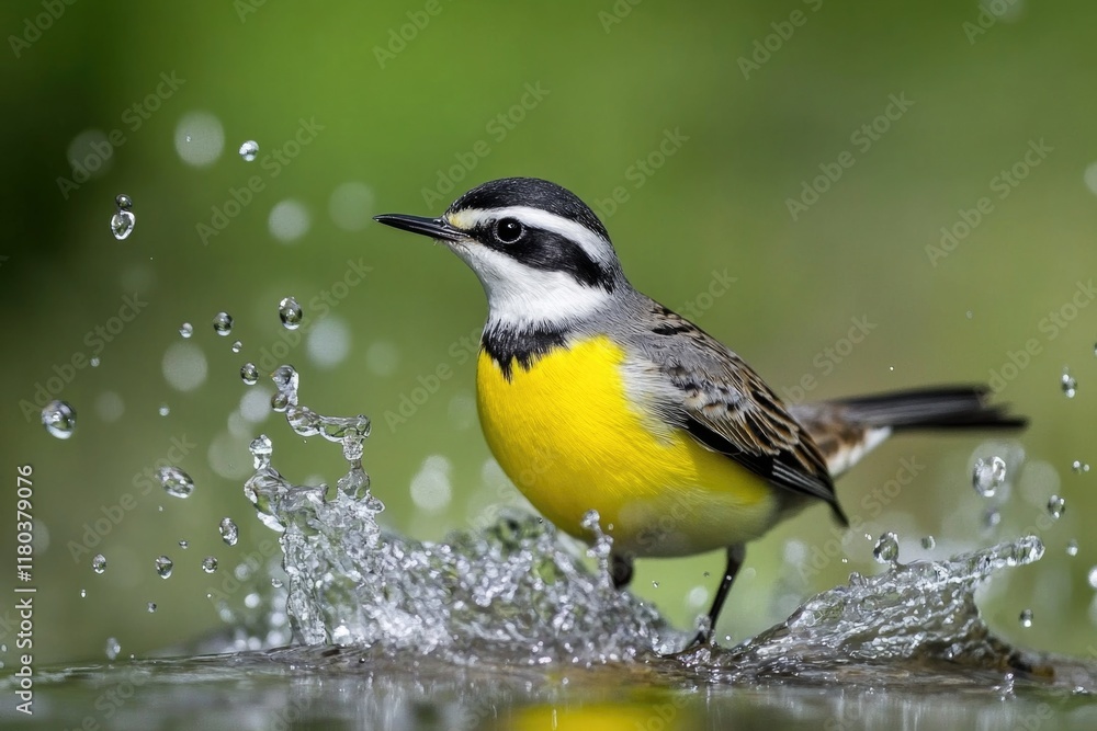 Fototapeta premium A bird splashes water on a rock, creating ripples