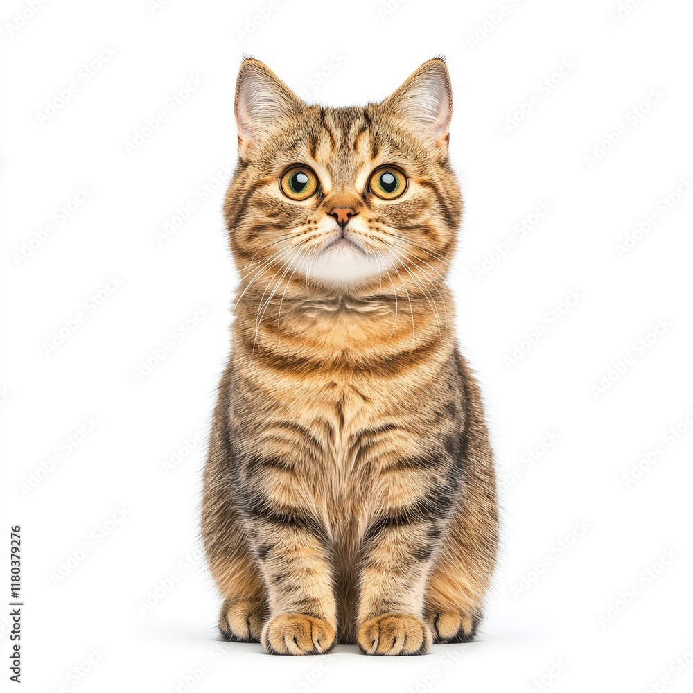 A cute, fluffy Scottish Fold cat with striking eyes, sitting upright against a white background, exuding charm and playfulness. A cute, fluffy Scottish Fold cat with striking eyes, sitting upright against a white background, exuding charm and playfulness.