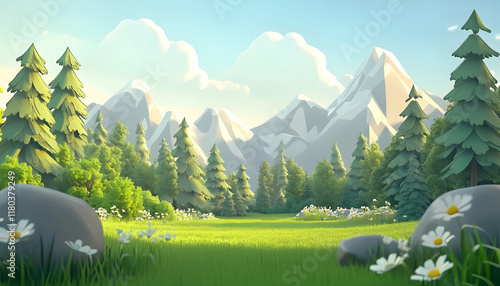 3D rendering of cartoon forest landscape with mountains