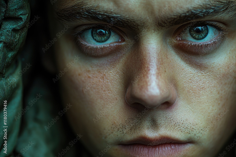 A detailed look at someone's facial features, highlighting their striking blue eyes A detailed look at someone's facial features, highlighting their striking blue eyes