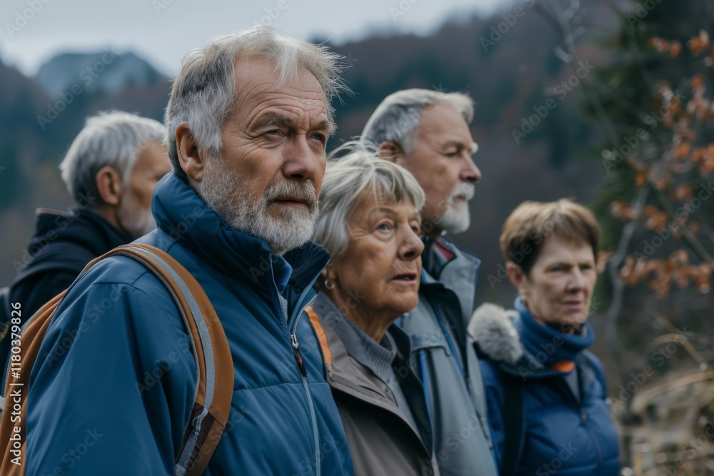 Group of senior people hiking in the forest. Selective focus. Group of senior people hiking in the forest. Selective focus.