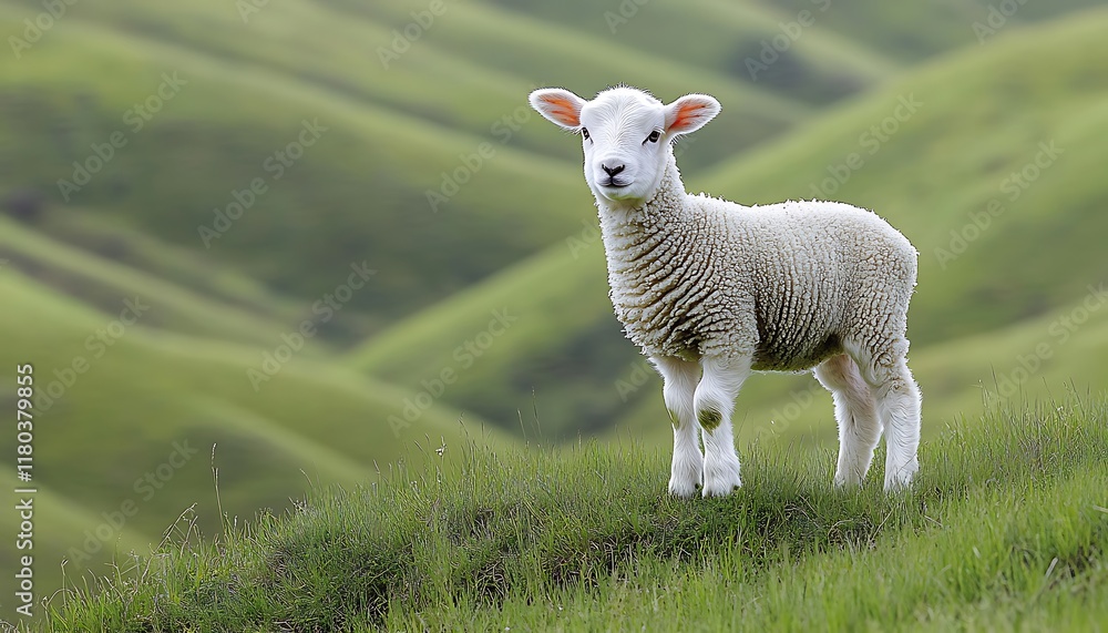 A young lamb stands on a lush green hillside, surrounded by rolling hills. A young lamb stands on a lush green hillside, surrounded by rolling hills.
