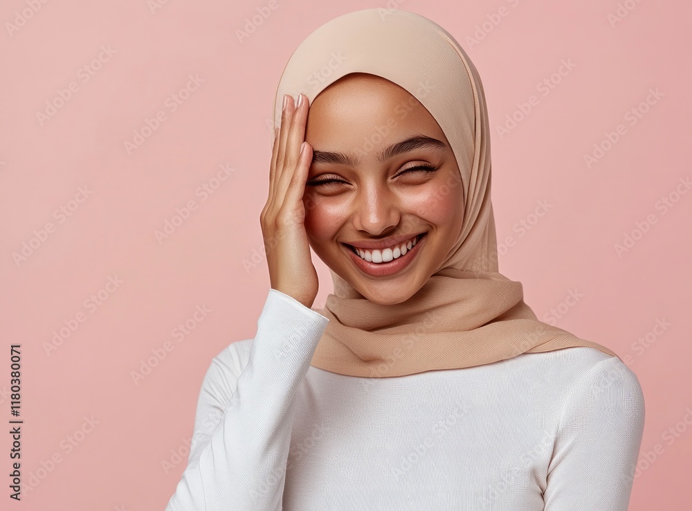Vibrant portrait of a young Muslim woman covering her eyes with her hand and smiling, isolated on a pastel background, wearing a white long-sleeved shirt under a beige hijab, with studio lighting Vibrant portrait of a young Muslim woman covering her eyes with her hand and smiling, isolated on a pastel background, wearing a white long-sleeved shirt under a beige hijab, with studio lighting