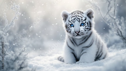 Adorable White Tiger Cub in a Snowy Winter Wonderland photo