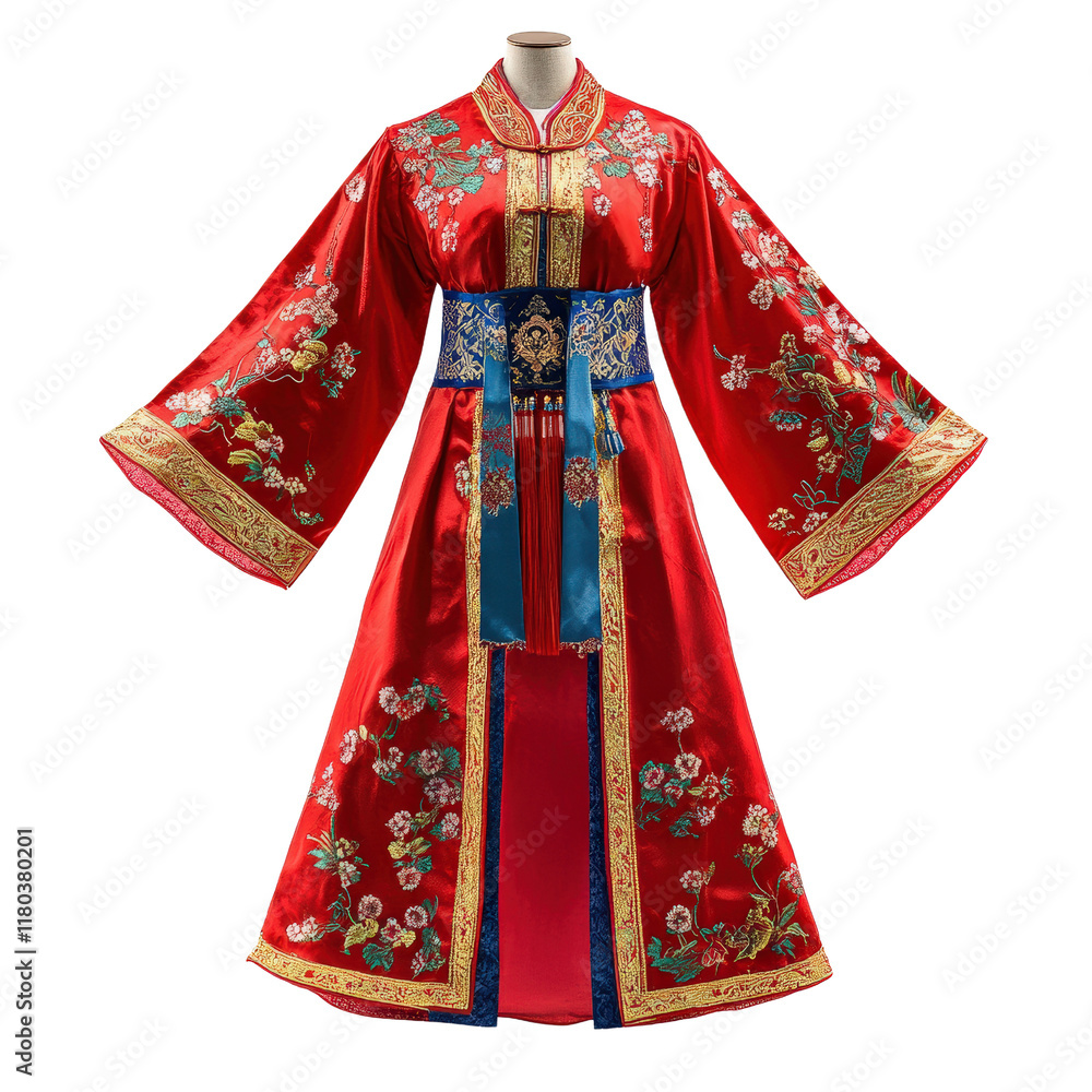 Traditional red silk robe with floral embroidery and wide sleeves Traditional red silk robe with floral embroidery and wide sleeves