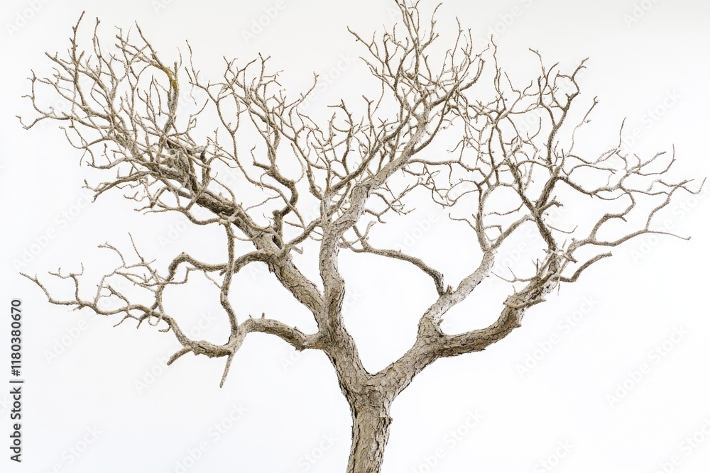 A single bare tree stands out against a clean white background A single bare tree stands out against a clean white background