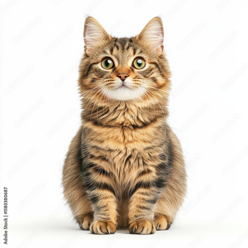 Fototapeta premium A cute, fluffy tabby Arabian Mau cat sits calmly against a white background, showcasing its bright eyes and playful demeanor.