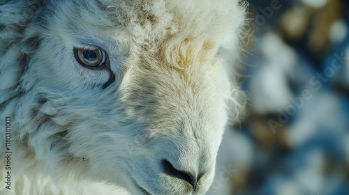 A close-up shot of a sheep's face with a blurred background photo