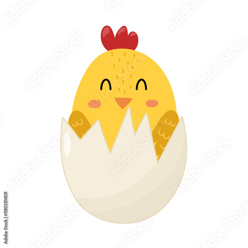 Cute little chick in eggshell. Happy baby chicken hatching from the egg. Farm character isolated on white background. Vector illustration