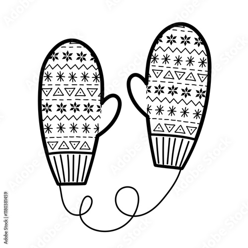 A pair of winter mittens in black and white. Hand drawn mittens coloring page. Vector illustration