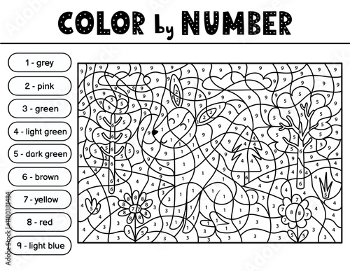 Color by number black and white activity page for kids with a cute rabbit. Farm animal puzzle in outline game for school and preschool. Vector illustration