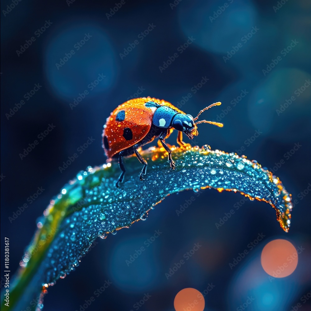 Naklejka premium A ladybug sits on a leaf with tiny water droplets, offering a moment of serenity