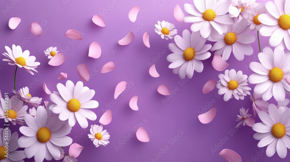 Daisies & petals float on a purple background, use for website/cards/wall art Daisies & petals float on a purple background, use for website/cards/wall art