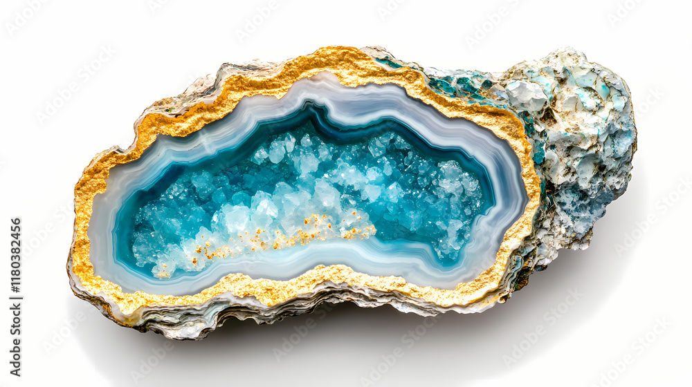 Turquoise and gold geode inspired oyster shell on white background, ideal for decorative, jewelry or coastal themed designs. Crystalpath. Illustration Turquoise and gold geode inspired oyster shell on white background, ideal for decorative, jewelry or coastal themed designs. Crystalpath. Illustration