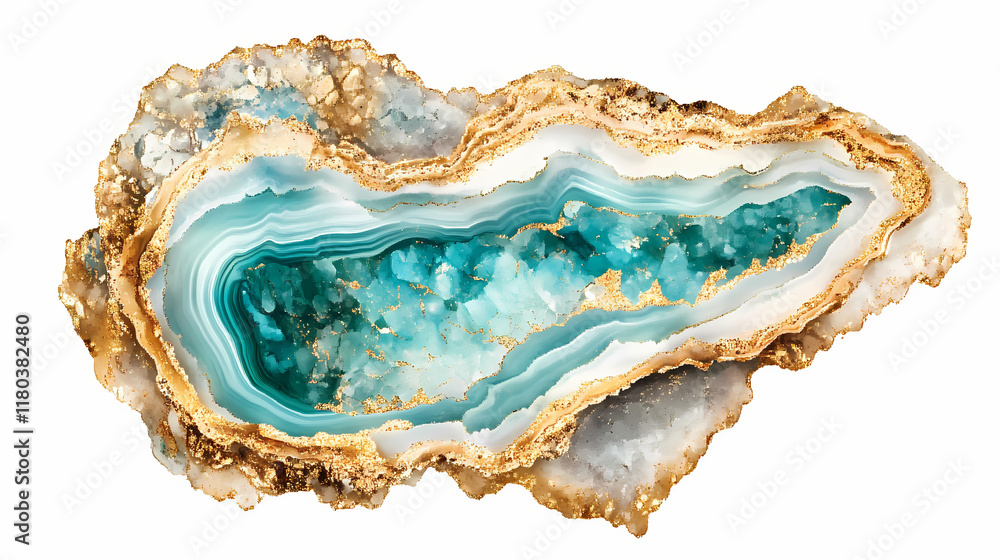 Turquoise and gold geode inspired oyster shell on white background, ideal for decorative, jewelry or coastal themed designs. Crystalpath. Illustration Turquoise and gold geode inspired oyster shell on white background, ideal for decorative, jewelry or coastal themed designs. Crystalpath. Illustration