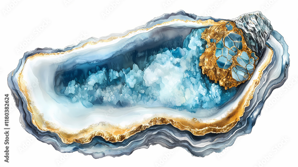 Turquoise and gold geode inspired oyster shell on white background, ideal for decorative, jewelry or coastal themed designs. Crystalpath. Illustration