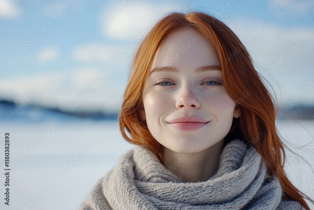Redhead smiles, winter landscape, snowy field, portrait Redhead smiles, winter landscape, snowy field, portrait