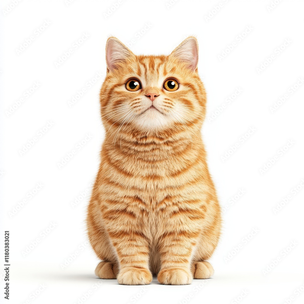 A cute orange tabby Minskin cat with big eyes sitting upright and looking curiously at the camera against a white background. A cute orange tabby Minskin cat with big eyes sitting upright and looking curiously at the camera against a white background.