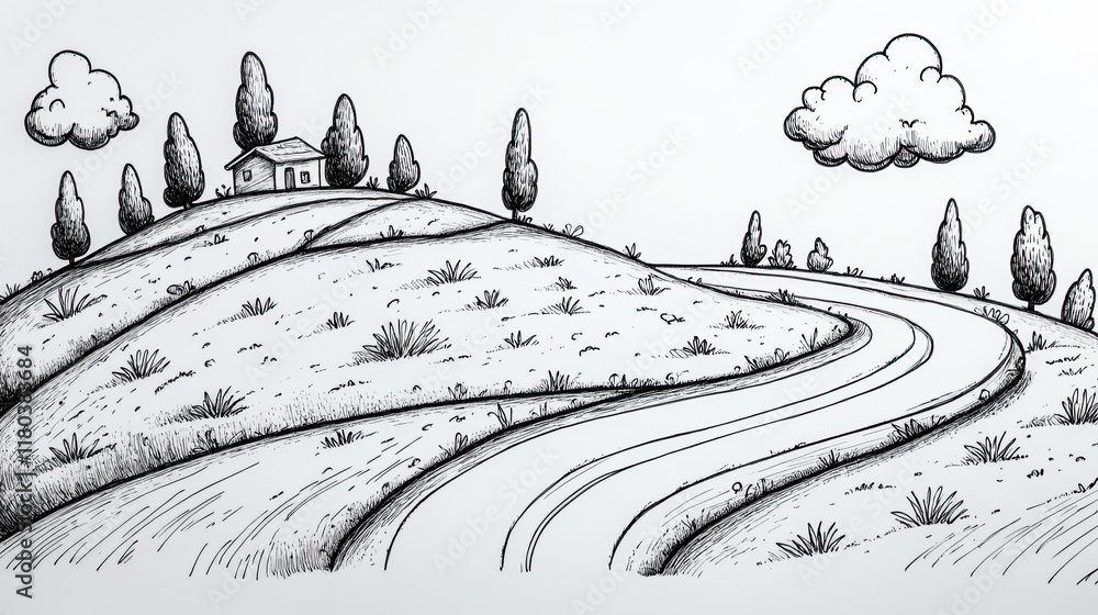 Fototapeta premium Hand drawn black and white illustration of a winding road leading to a small house on a hill with trees and clouds.