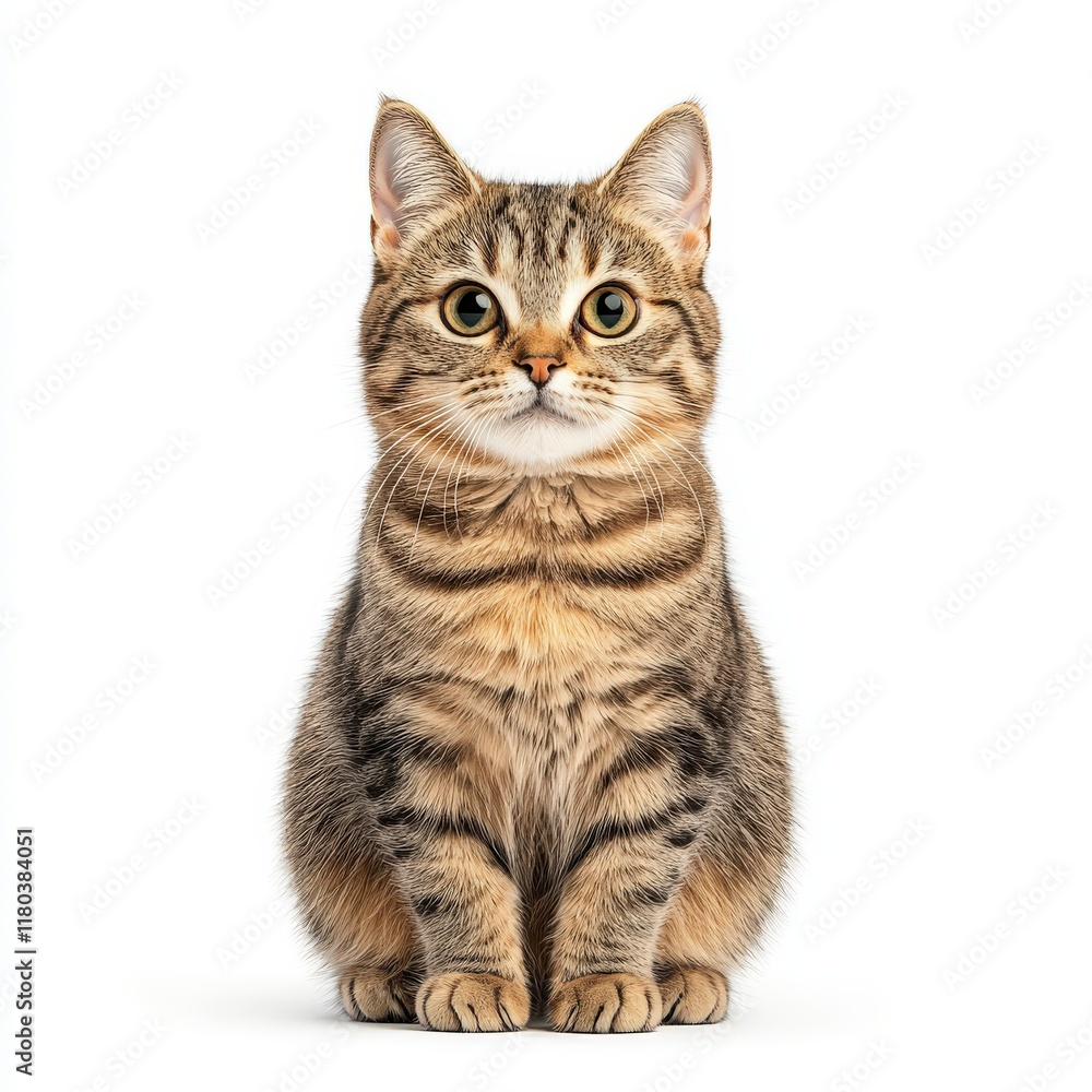 Fototapeta premium A cute tabby European Shorthair cat sitting calmly, showcasing its beautiful fur pattern and large, expressive eyes. Perfect for pet lovers or feline enthusiasts.