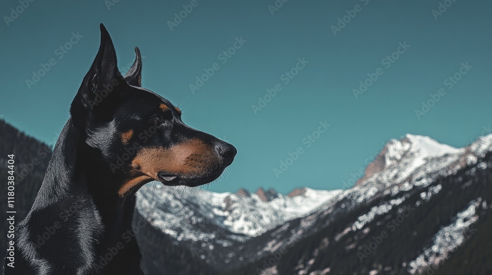 Doberman and a snow covered mountain range under a clear sky, generative ai