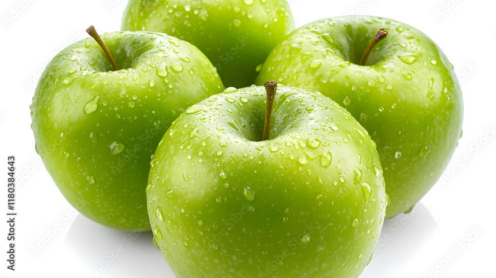 Fresh green apples with water droplets on white background. Fresh green apples with water droplets on white background.