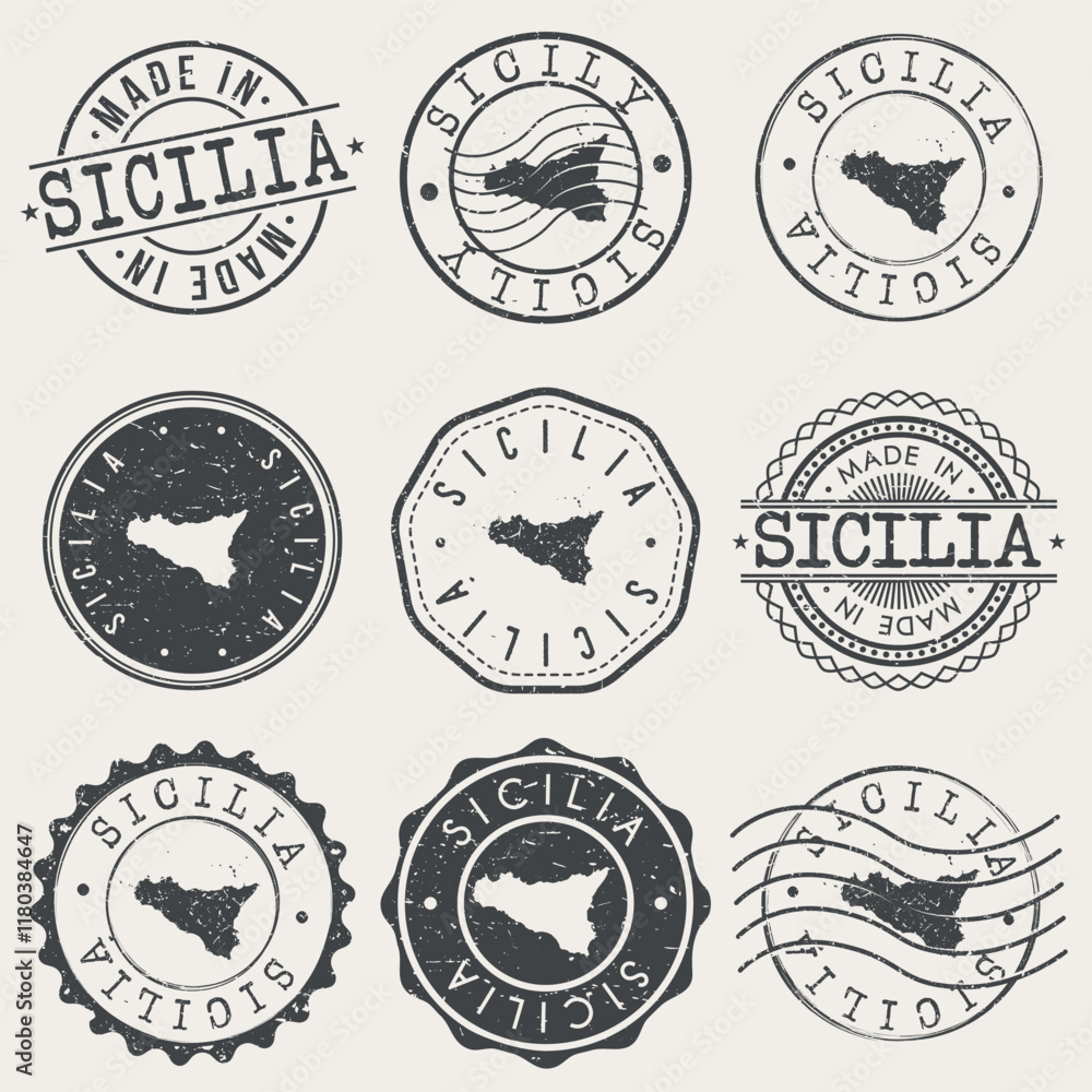 Obraz premium Sicily, Italy Set of Stamps. Country Travel Marks. Made In Product. Design Seals Old Style Insignia.
