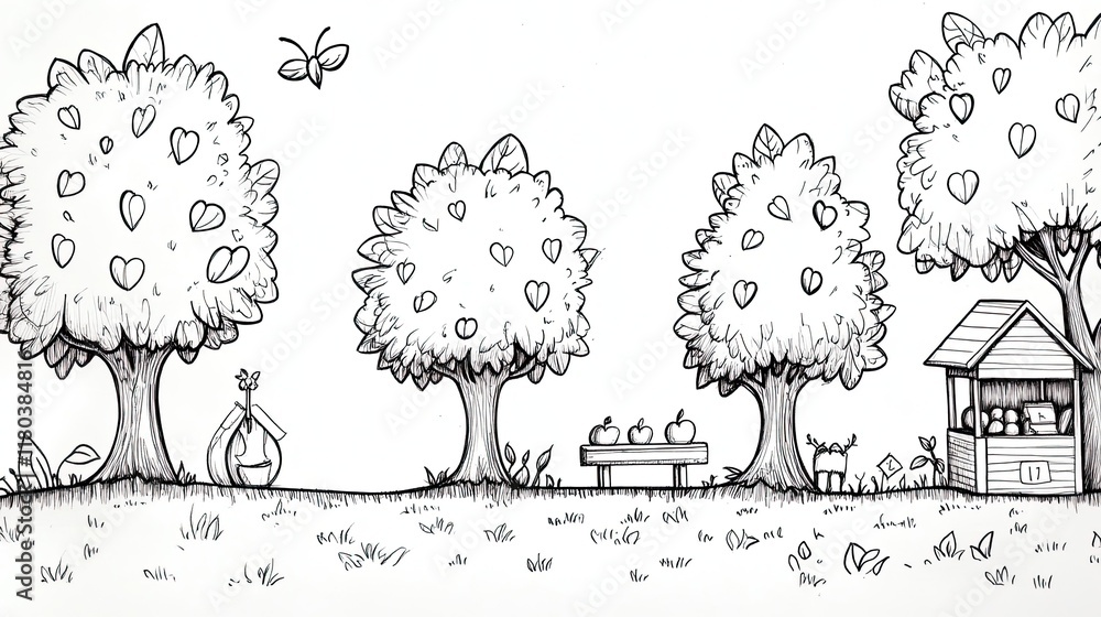 Naklejka premium Hand-drawn sketch of a small orchard with a fruit stand, a bench, and a butterfly flying overhead.