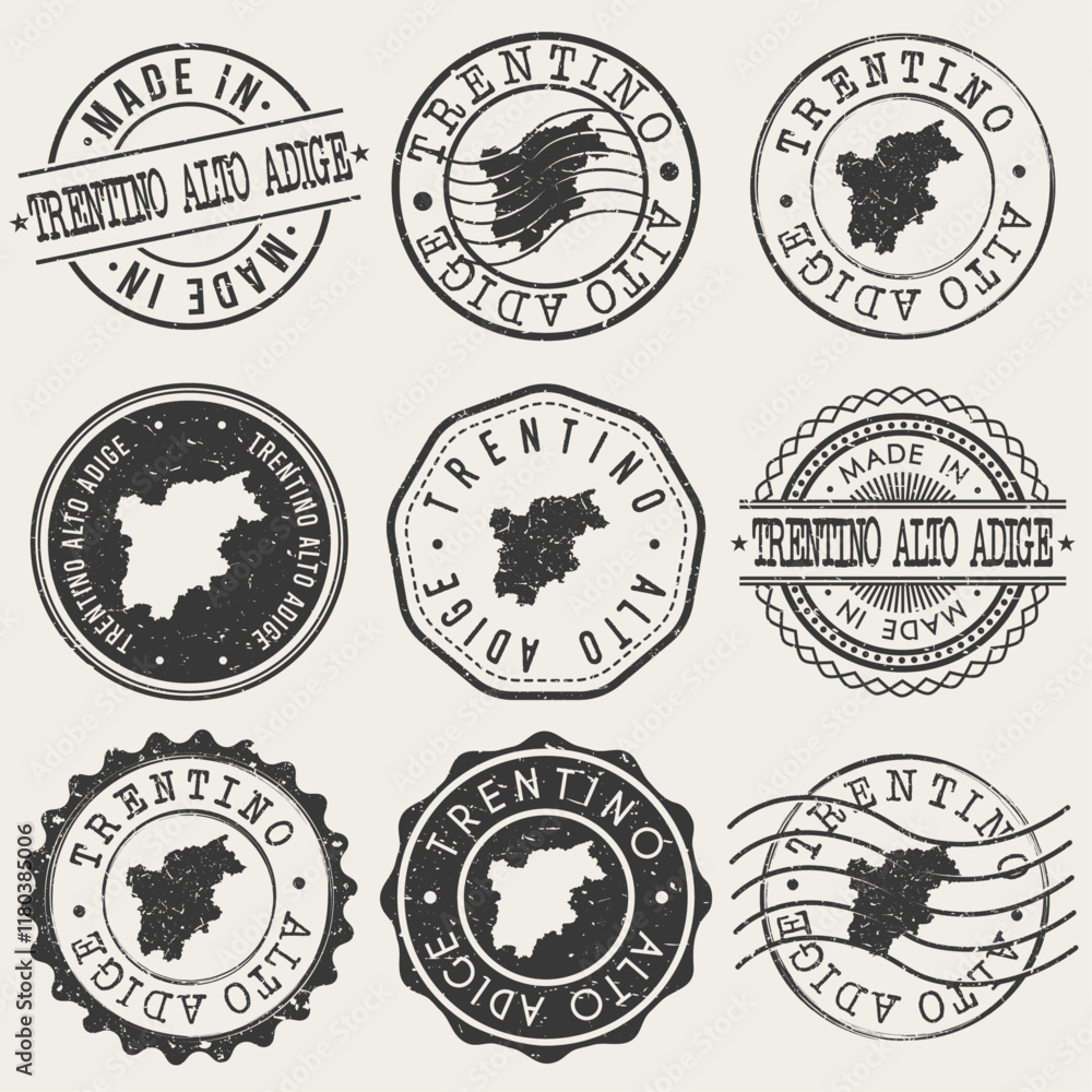 Obraz premium Trentino-South Tyrol, Italy Set of Stamps. Country Travel Marks. Made In Product. Design Seals Old Style Insignia.