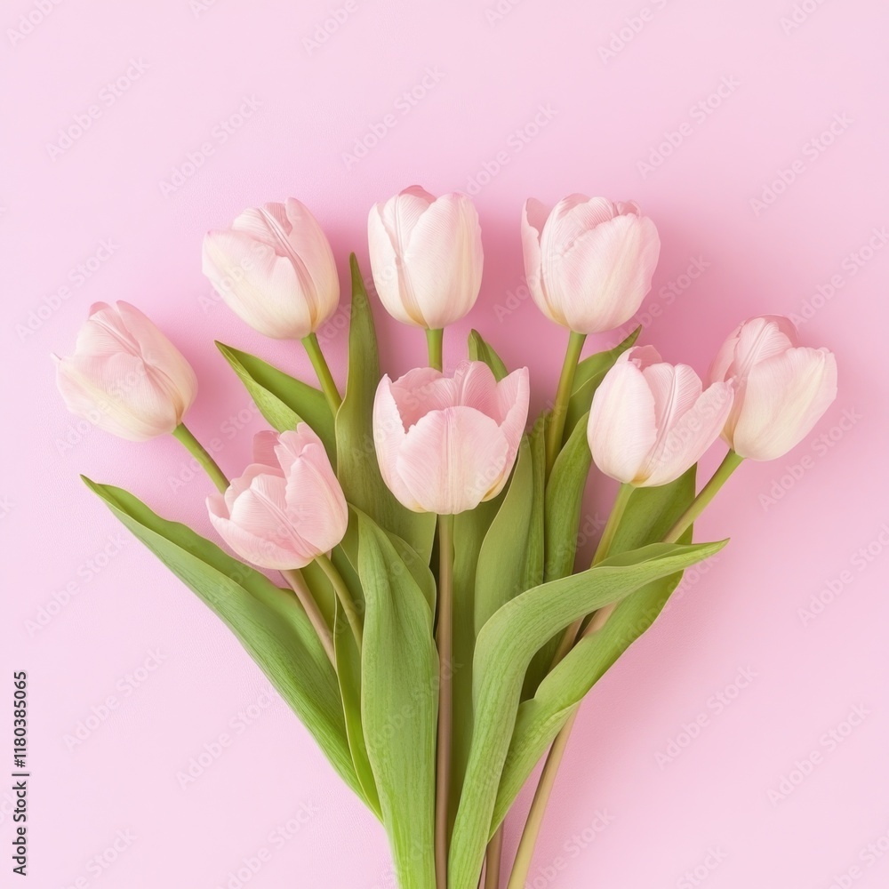 A vibrant bouquet of pink tulips arranged on a matching pink background, perfect for adding a pop of color to your design or project A vibrant bouquet of pink tulips arranged on a matching pink background, perfect for adding a pop of color to your design or project