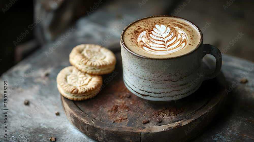 Latte Art in Ceramic Cup with Butter Cookies and Spices – Rustic Coffee Setting Latte Art in Ceramic Cup with Butter Cookies and Spices – Rustic Coffee Setting
