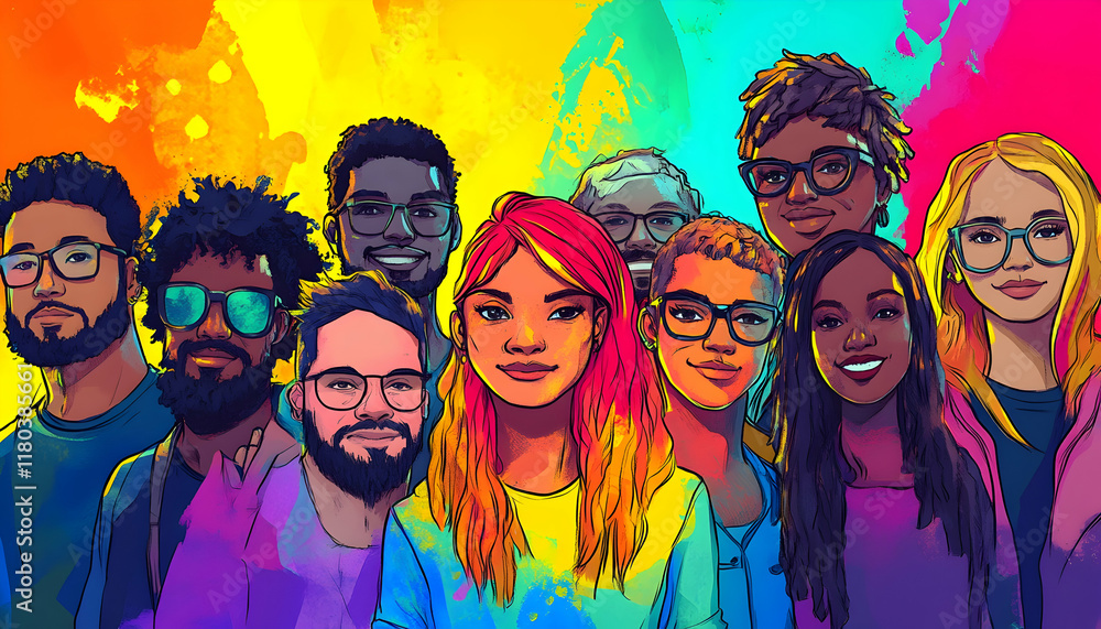 Diverse group of people of different genders, races, and ages, representing inclusion and unity in a colorful illustration AI Generated Diverse group of people of different genders, races, and ages, representing inclusion and unity in a colorful illustration AI Generated