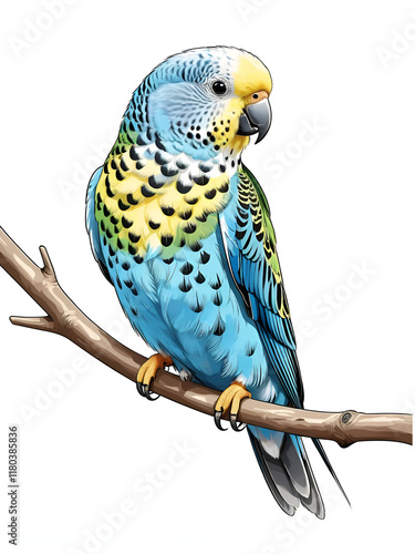 A cute budgie sits on a perch. Vector sketch illustration for design, advertising, prints. photo