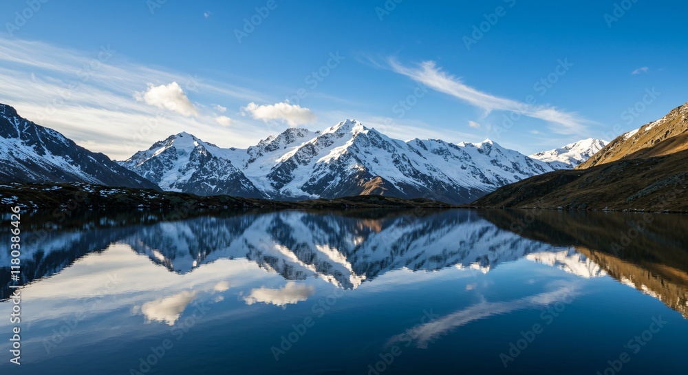 Naklejka premium A serene mountain lake reflecting the surrounding snowy peaks under a clear blue sky