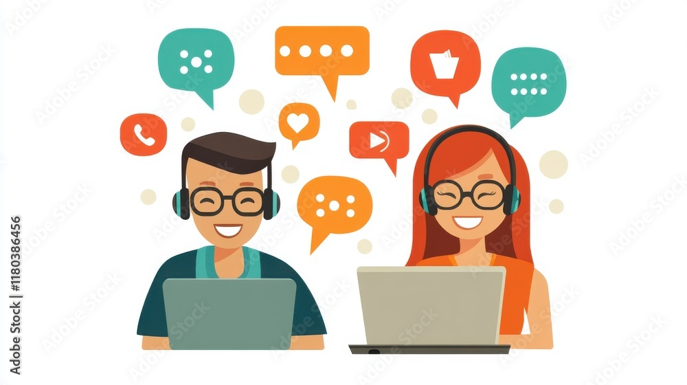 Customer Support Team Providing Excellent Online Service Happy Agents Using Laptops and Headphones Customer Support Team Providing Excellent Online Service Happy Agents Using Laptops and Headphones