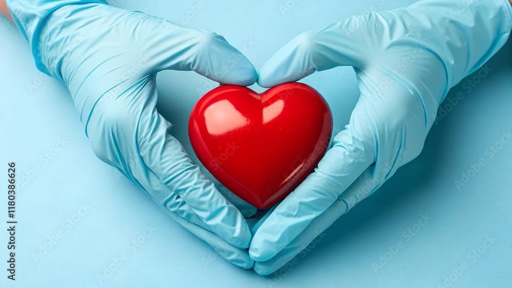 Hands in blue medical gloves gently holding a glossy red heart on a light blue background. Symbolizes healthcare, love, and compassion in medicine.
Hands in blue medical gloves gently holding a glossy red heart on a light blue background. Symbolizes healthcare, love, and compassion in medicine.