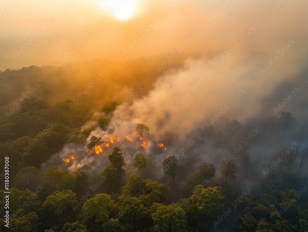 Fototapeta premium Forest Fire at Sunset: Aerial View of Smoke and Flames Amidst Dense Greenery