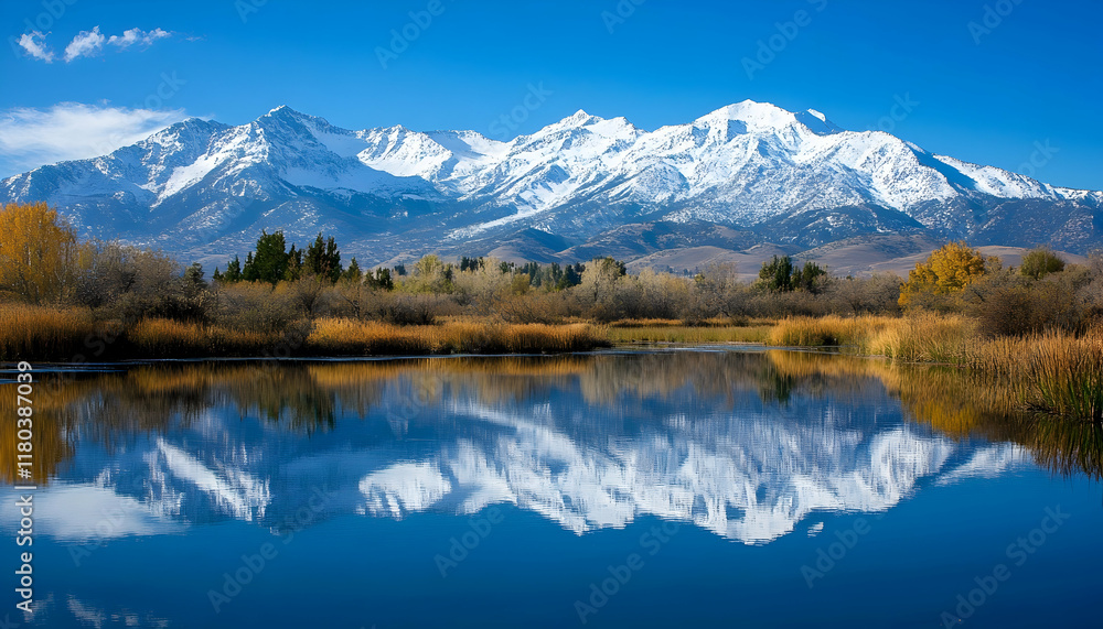 A breathtaking image of snow-capped mountains reflecting in a serene lake, creating a tranquil and picturesque view A breathtaking image of snow-capped mountains reflecting in a serene lake, creating a tranquil and picturesque view